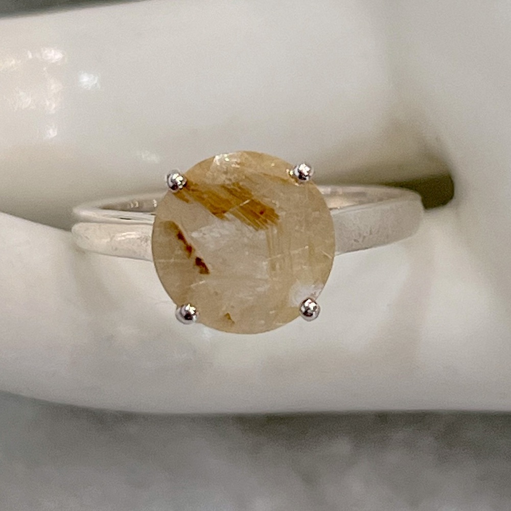 Rutilated Quartz Sterling Silver Solitaire Ring Sz 8